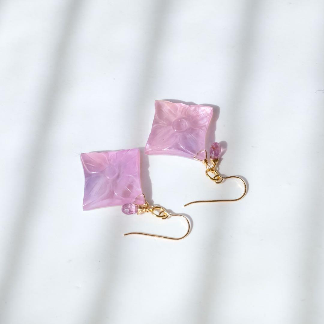 14kgfピンクアメジスト・MOP手裏剣ピアス/イヤリング