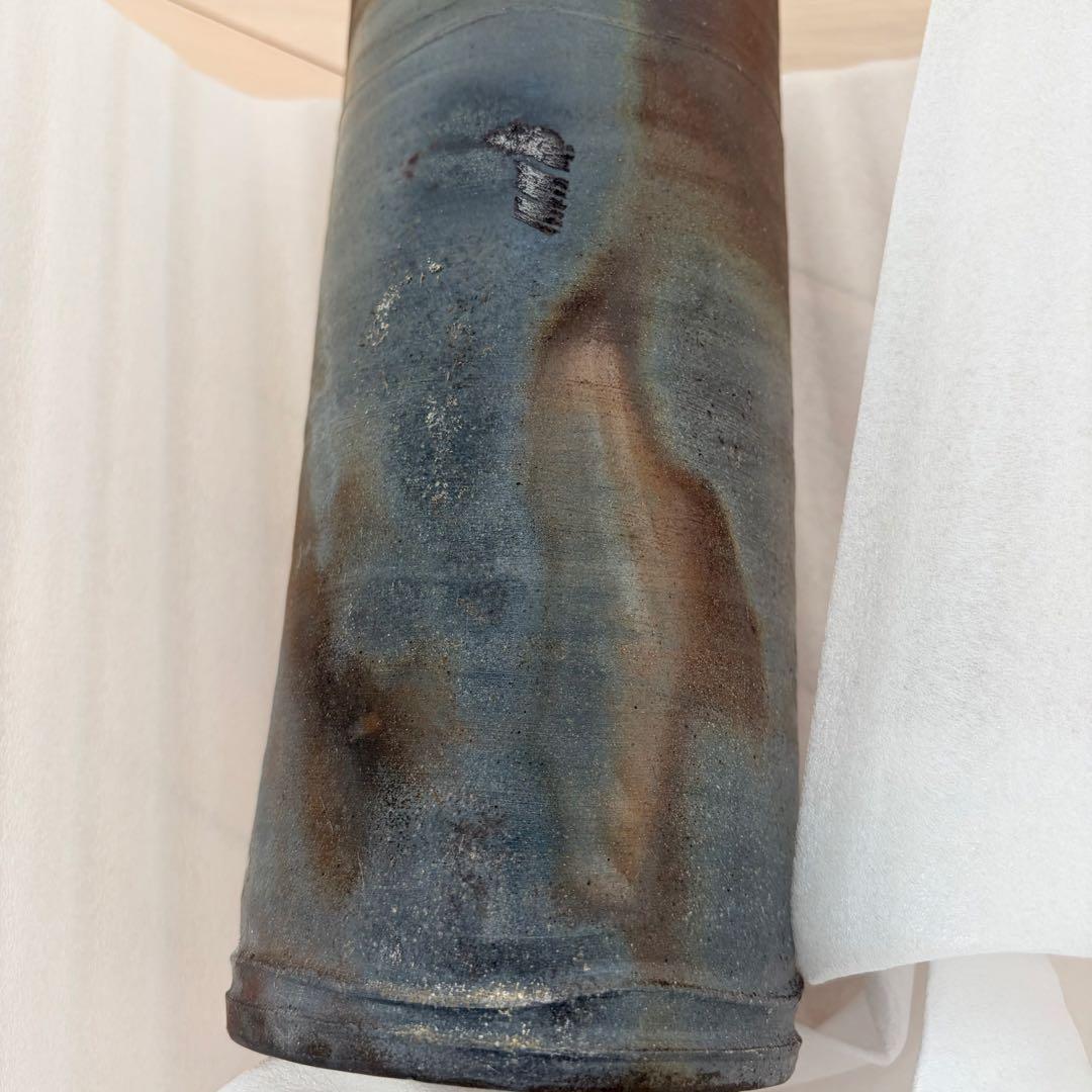 【新品】【備前焼】陶器の円筒形花器 グレーとブラウン