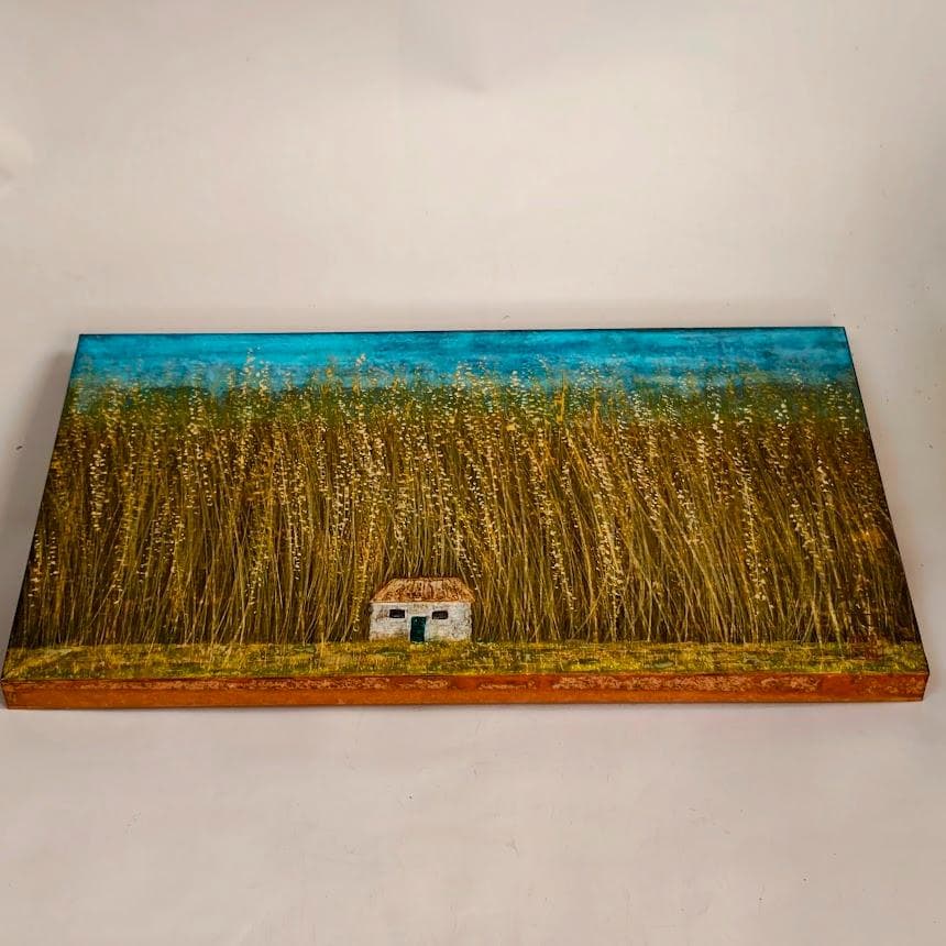 【真作】杉谷彩光「家（バルセロナ郊外）」日本画 M6号 額装 昭和63年作