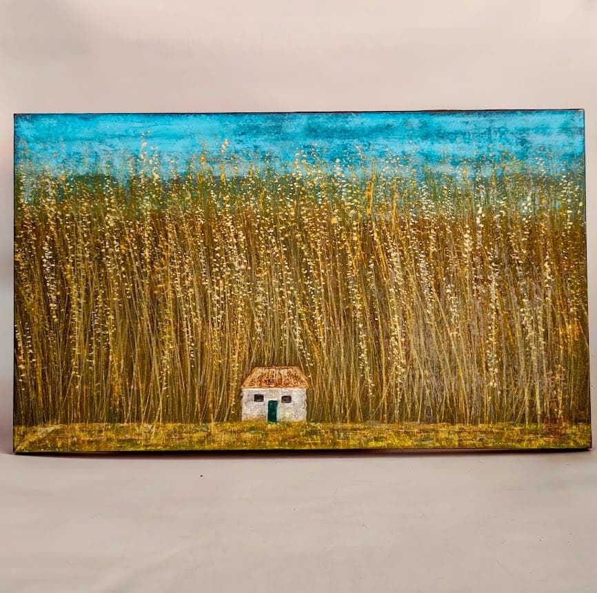 【真作】杉谷彩光「家（バルセロナ郊外）」日本画 M6号 額装 昭和63年作