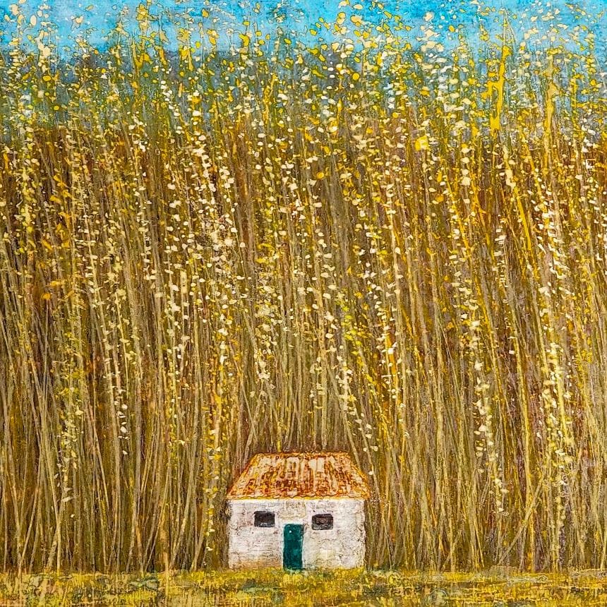 【真作】杉谷彩光「家（バルセロナ郊外）」日本画 M6号 額装 昭和63年作