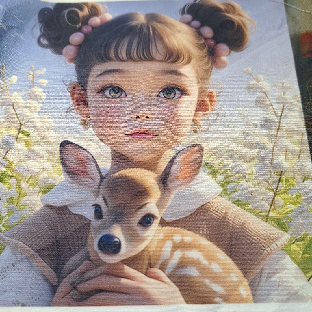 女の子とねこ　女の子とバンビパネル生地　ハンドメイド