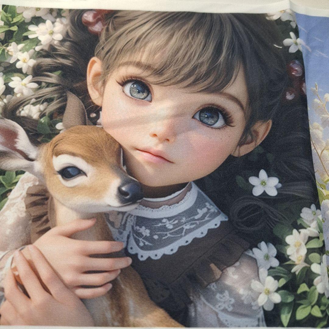 女の子とねこ　女の子とバンビパネル生地　ハンドメイド