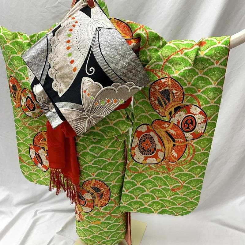 601ag28□七五三 七歳 女児 着物&袋帯 鼓 青海波に梅□状態良好