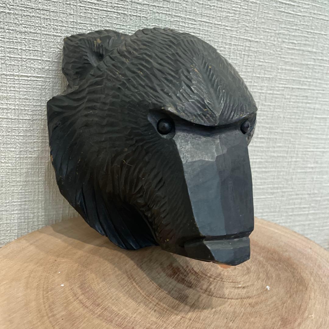 木彫りの熊 引間二郎 木歩作 やくも 北海道 工芸品1972年 木製クマ頭部彫刻