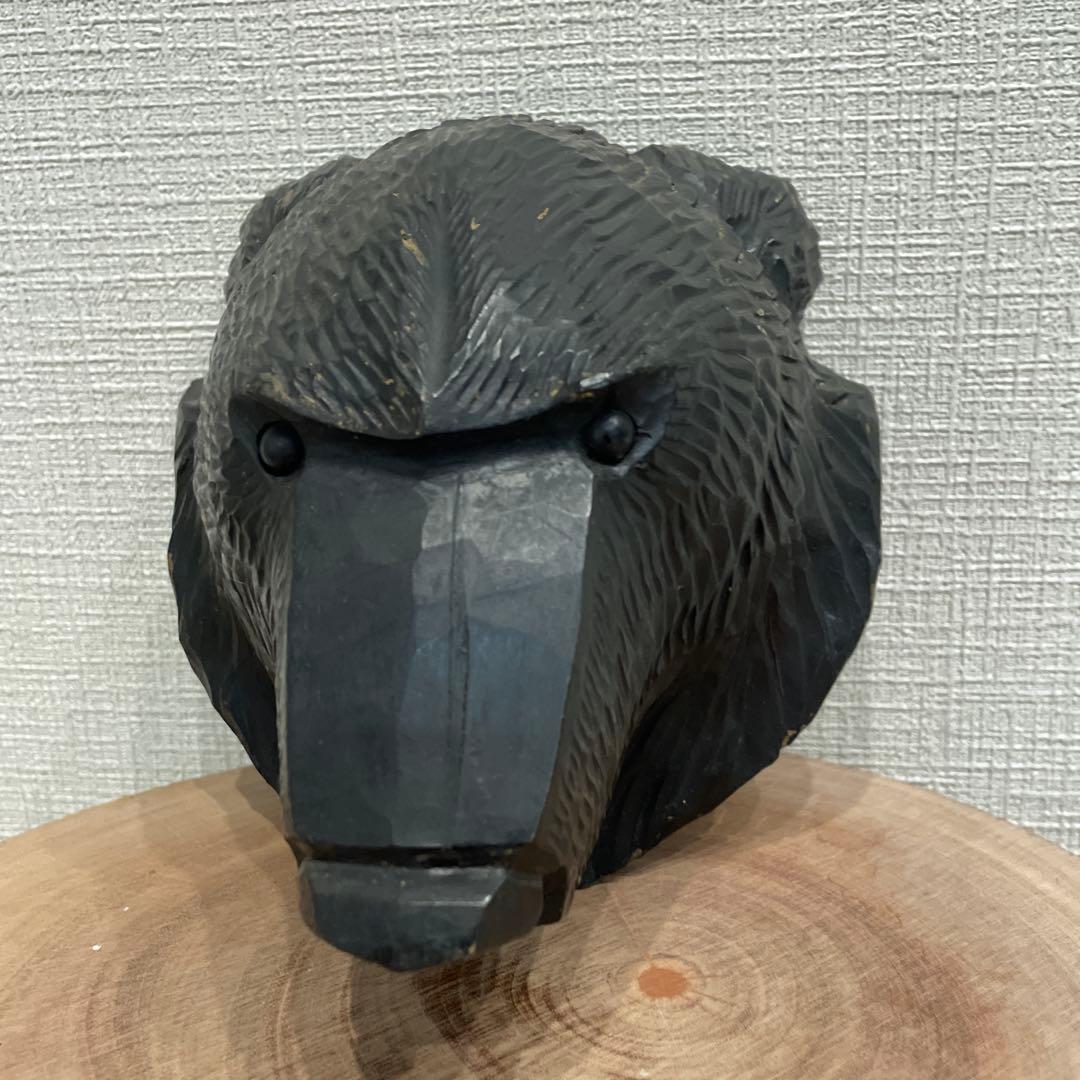 木彫りの熊 引間二郎 木歩作 やくも 北海道 工芸品1972年 木製クマ頭部彫刻