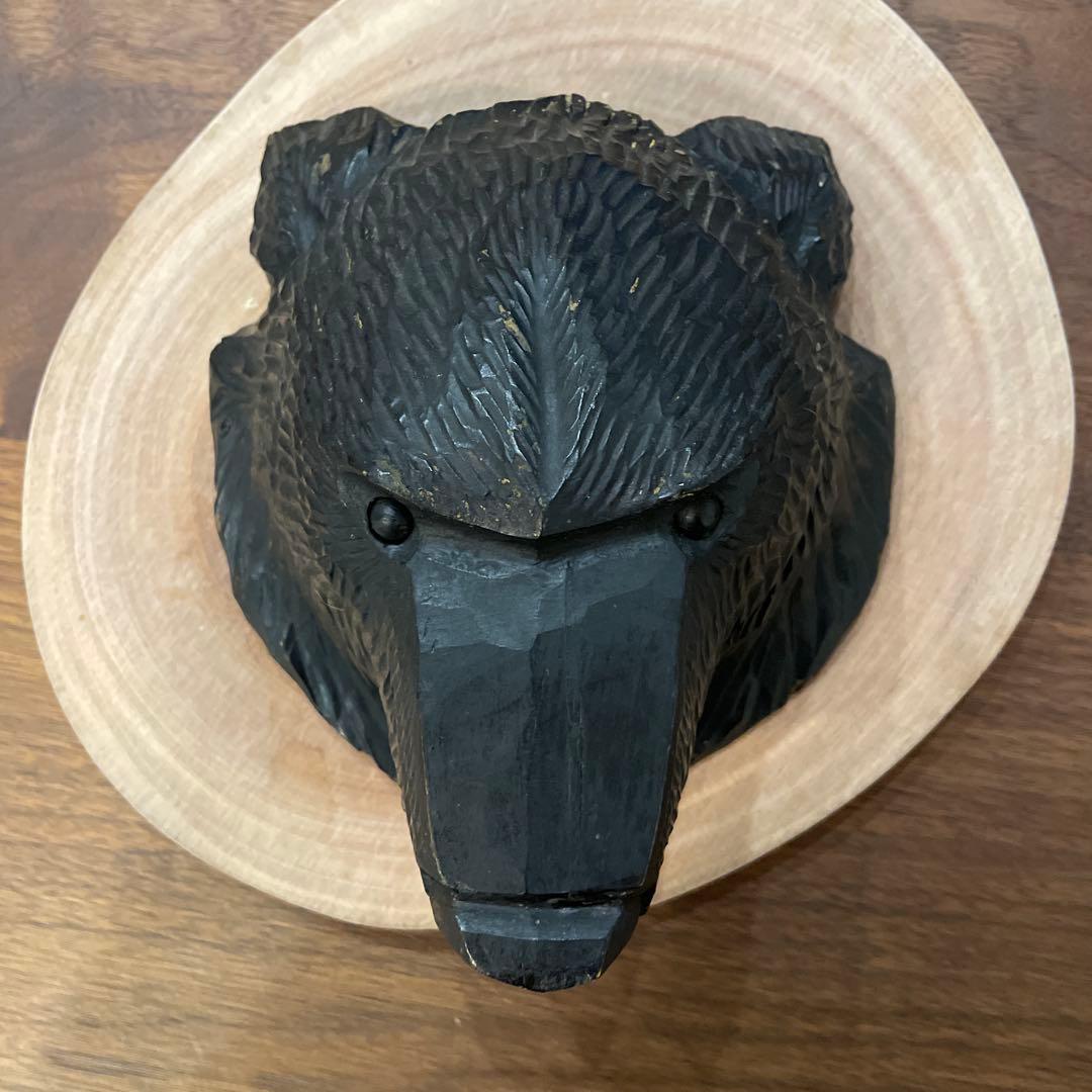 木彫りの熊 引間二郎 木歩作 やくも 北海道 工芸品1972年 木製クマ頭部彫刻