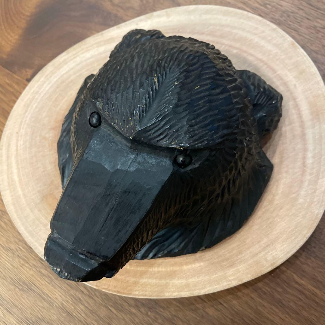 木彫りの熊 引間二郎 木歩作 やくも 北海道 工芸品1972年 木製クマ頭部彫刻