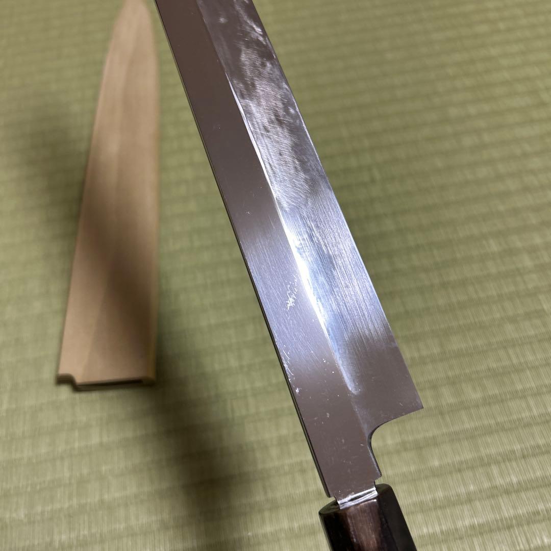 池田美和　本焼　柳刃　和包丁　青鋼　刃紋　久次作　鏡面　刃紋　黒檀柄