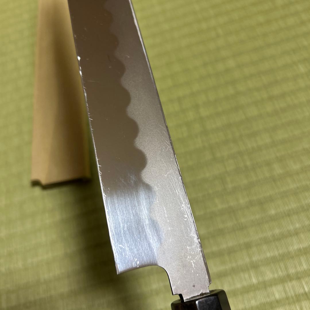 池田美和　本焼　柳刃　和包丁　青鋼　刃紋　久次作　鏡面　刃紋　黒檀柄