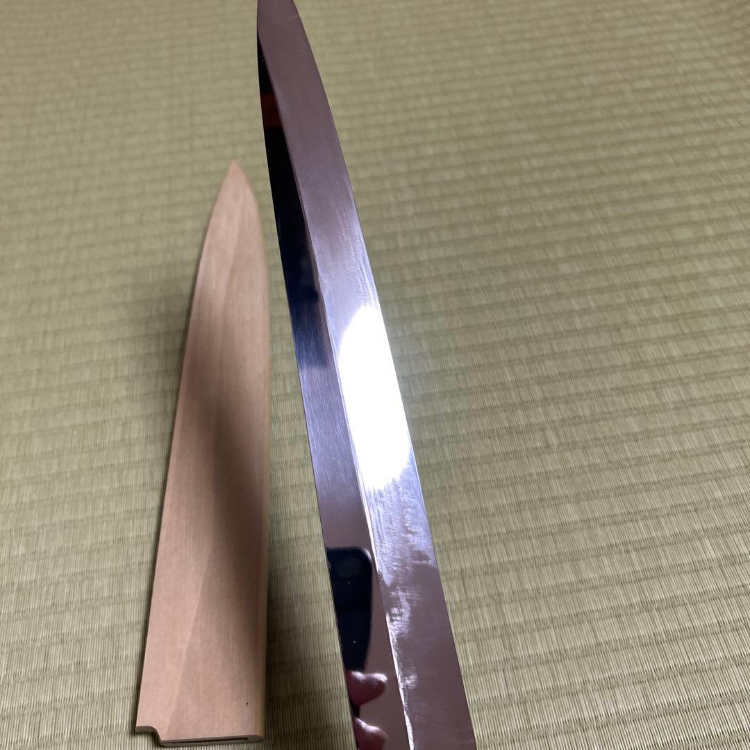 池田美和　本焼　柳刃　和包丁　青鋼　刃紋　久次作　鏡面　刃紋　黒檀柄