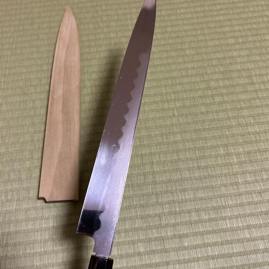 池田美和　本焼　柳刃　和包丁　青鋼　刃紋　久次作　鏡面　刃紋　黒檀柄