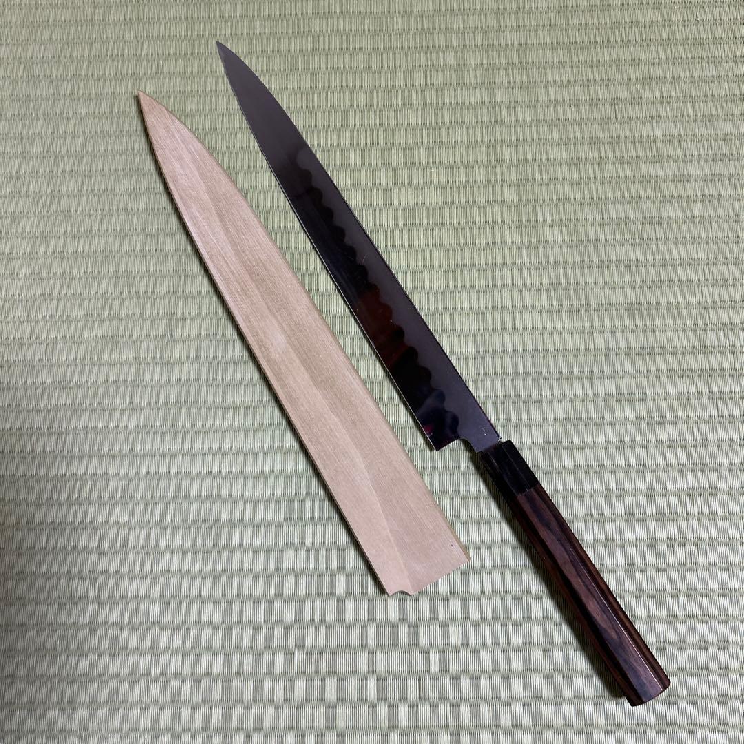 池田美和　本焼　柳刃　和包丁　青鋼　刃紋　久次作　鏡面　刃紋　黒檀柄