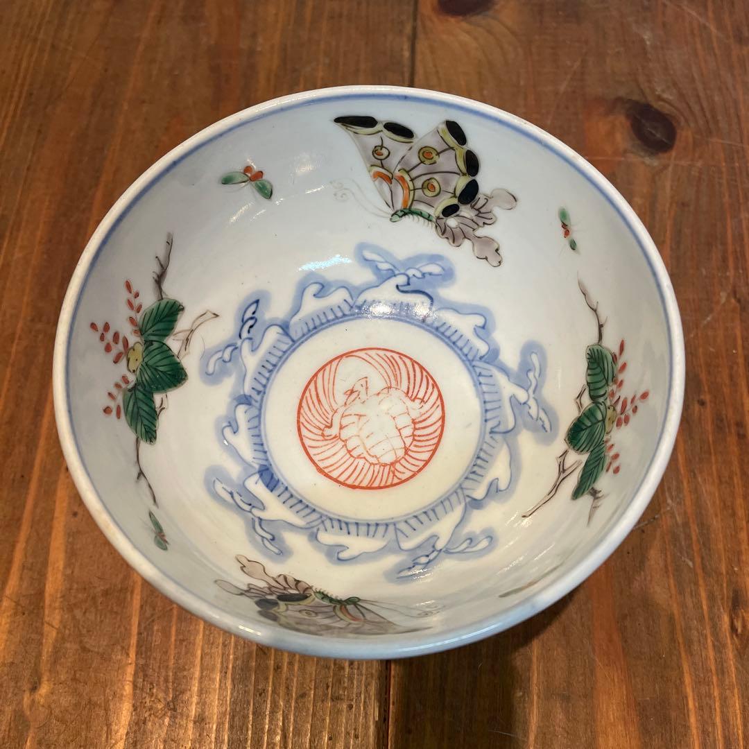 美品　古伊万里　染付の器　江戸時代　高杯　杯洗　蝶や植物の絵柄が鮮やかに描かれた