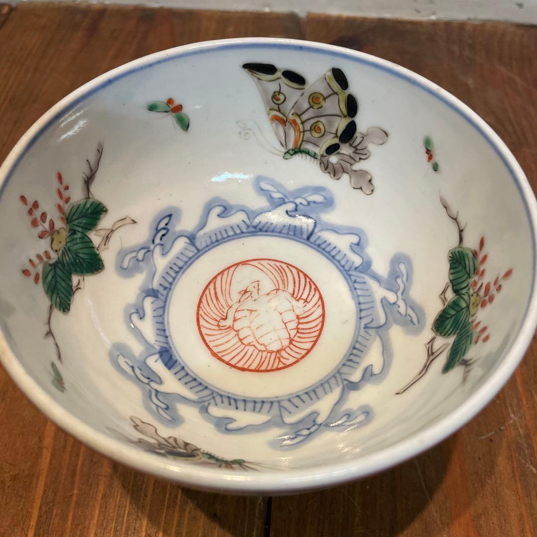 美品　古伊万里　染付の器　江戸時代　高杯　杯洗　蝶や植物の絵柄が鮮やかに描かれた