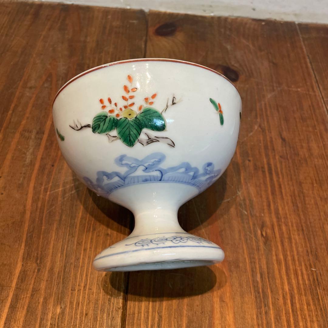 美品　古伊万里　染付の器　江戸時代　高杯　杯洗　蝶や植物の絵柄が鮮やかに描かれた