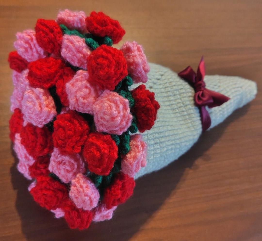 ハンドメイド かぎ針編み ブーケブランケット ピンク赤 枯れないお花 プレゼント