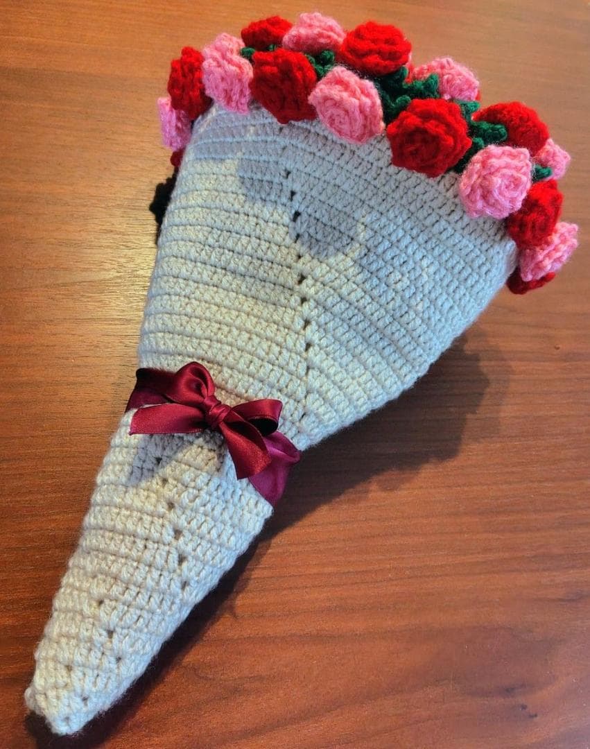 ハンドメイド かぎ針編み ブーケブランケット ピンク赤 枯れないお花 プレゼント