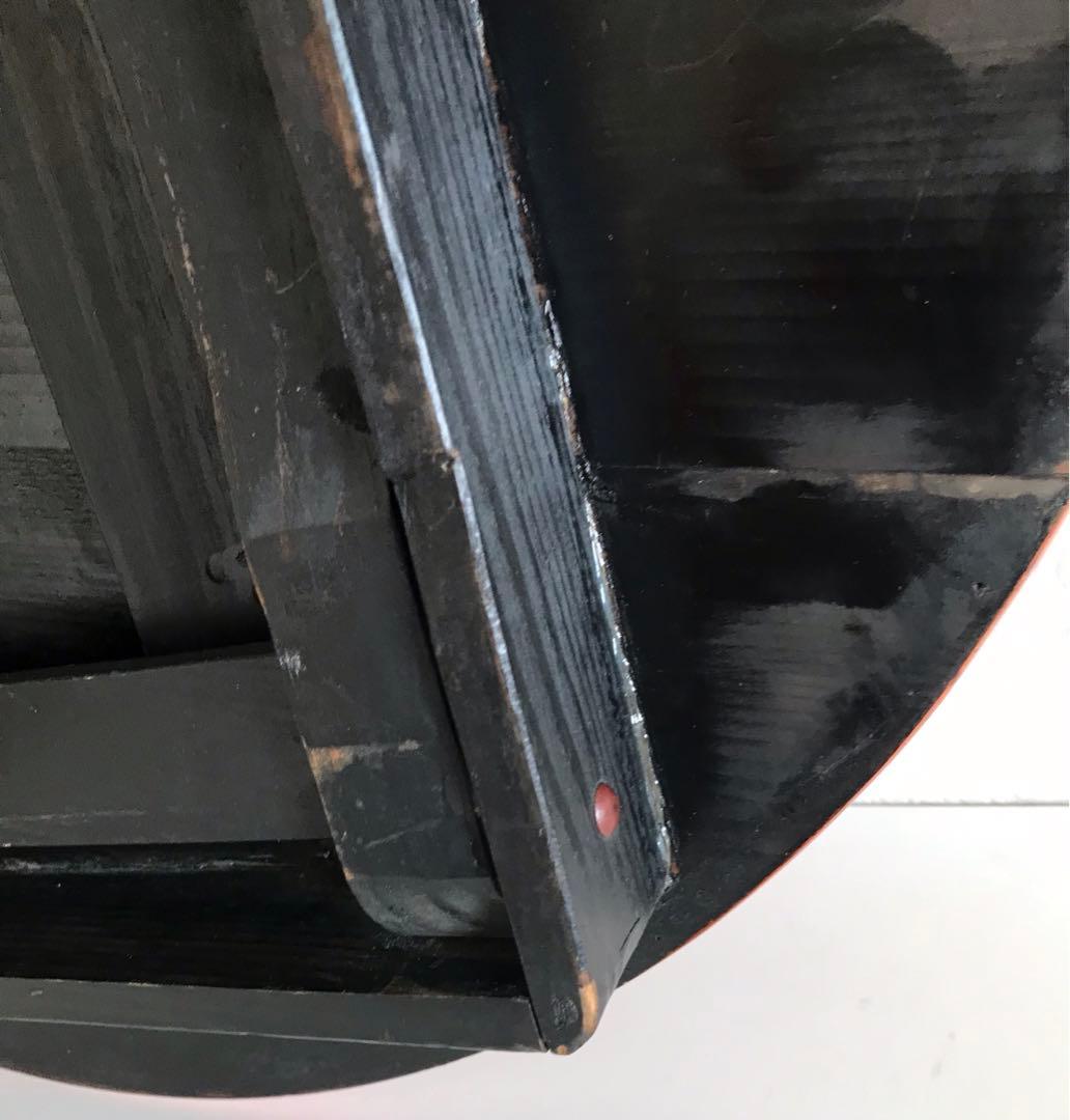 昭和レトロ　オレンジ、黒色 円形木製折り畳みテーブル　【希少】