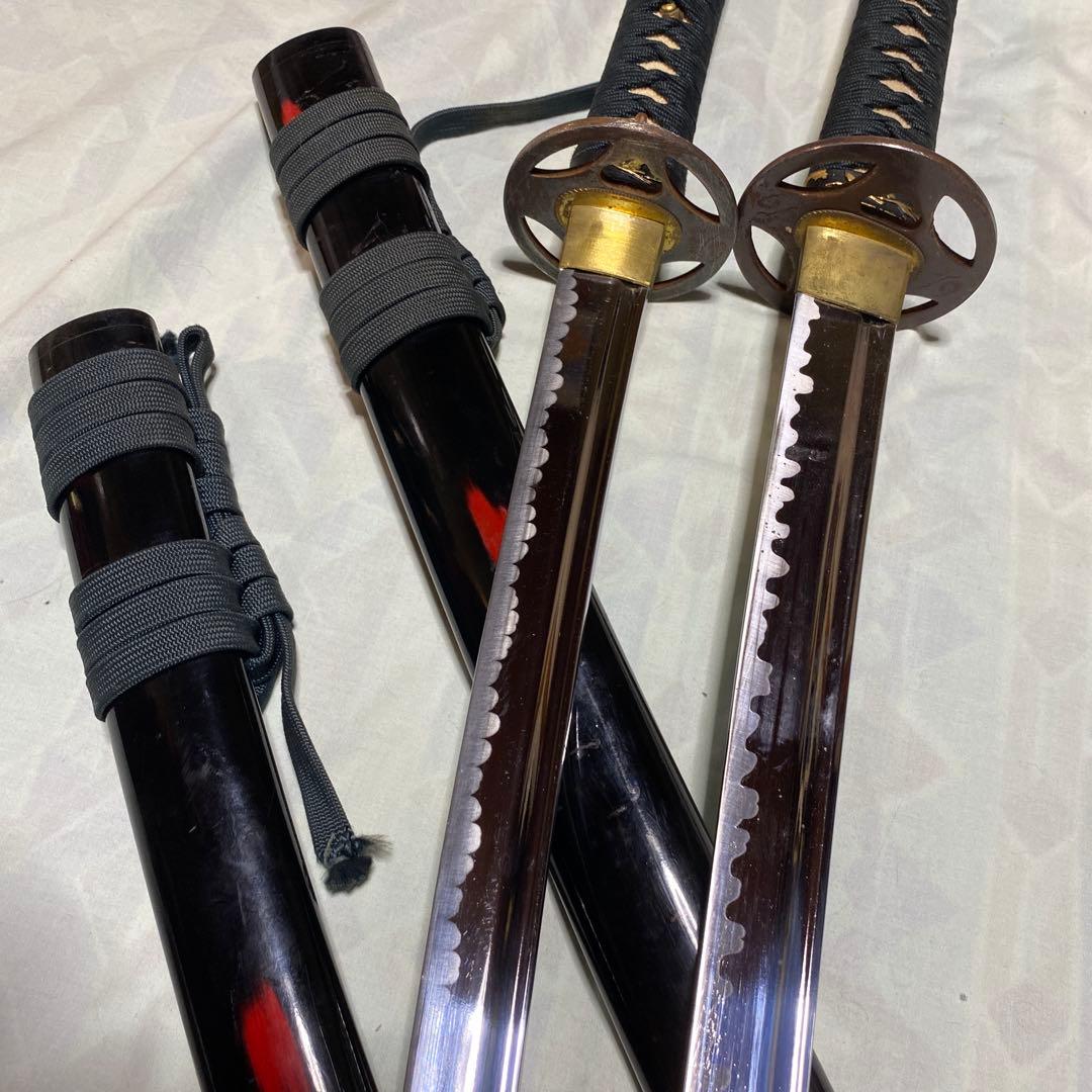 居合刀大小２本セット 濃緑柄 十字透し丸鍔 炎図黒呂鞘