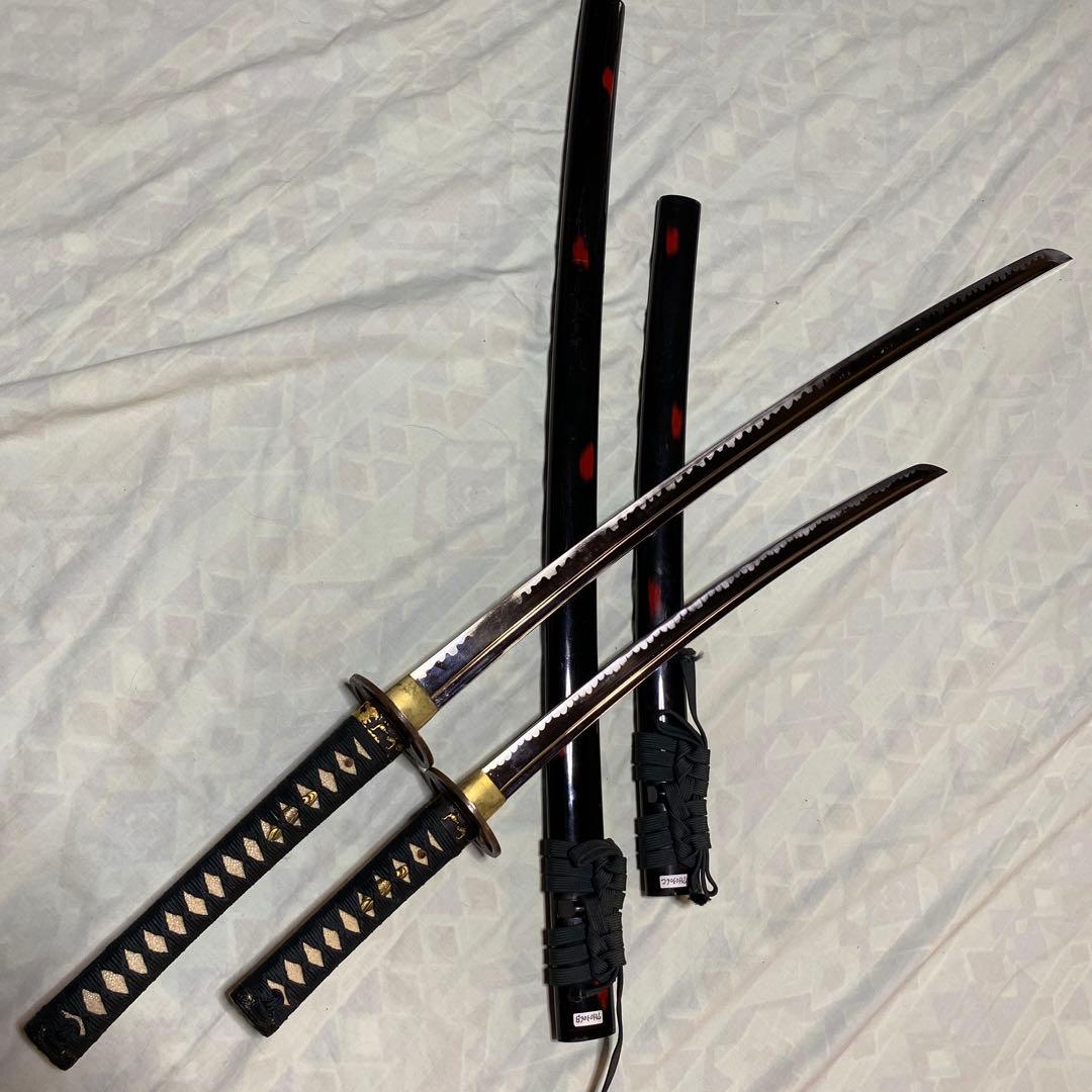 居合刀大小２本セット 濃緑柄 十字透し丸鍔 炎図黒呂鞘