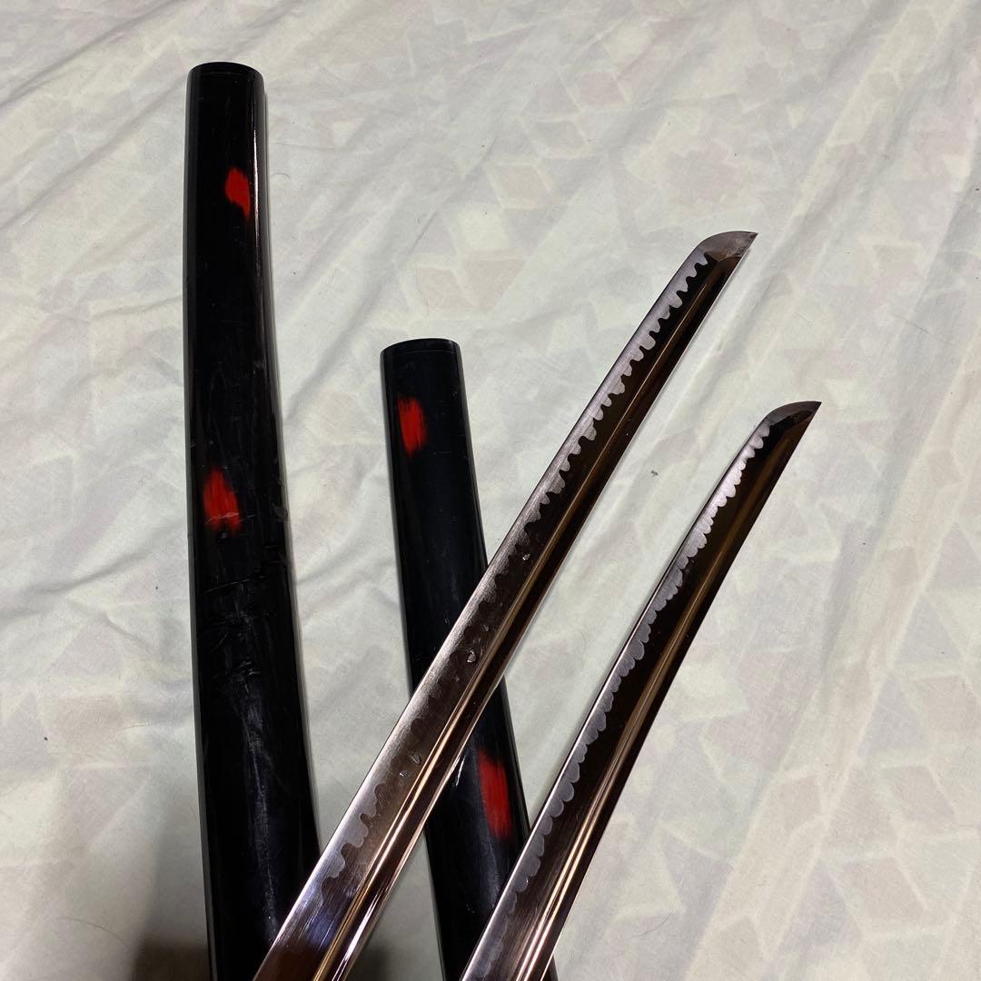 居合刀大小２本セット 濃緑柄 十字透し丸鍔 炎図黒呂鞘