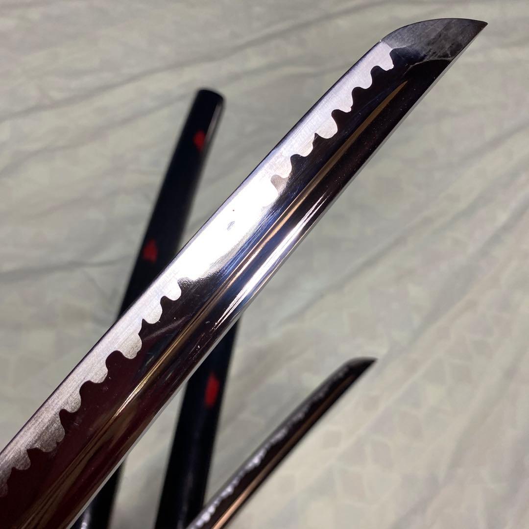 居合刀大小２本セット 濃緑柄 十字透し丸鍔 炎図黒呂鞘