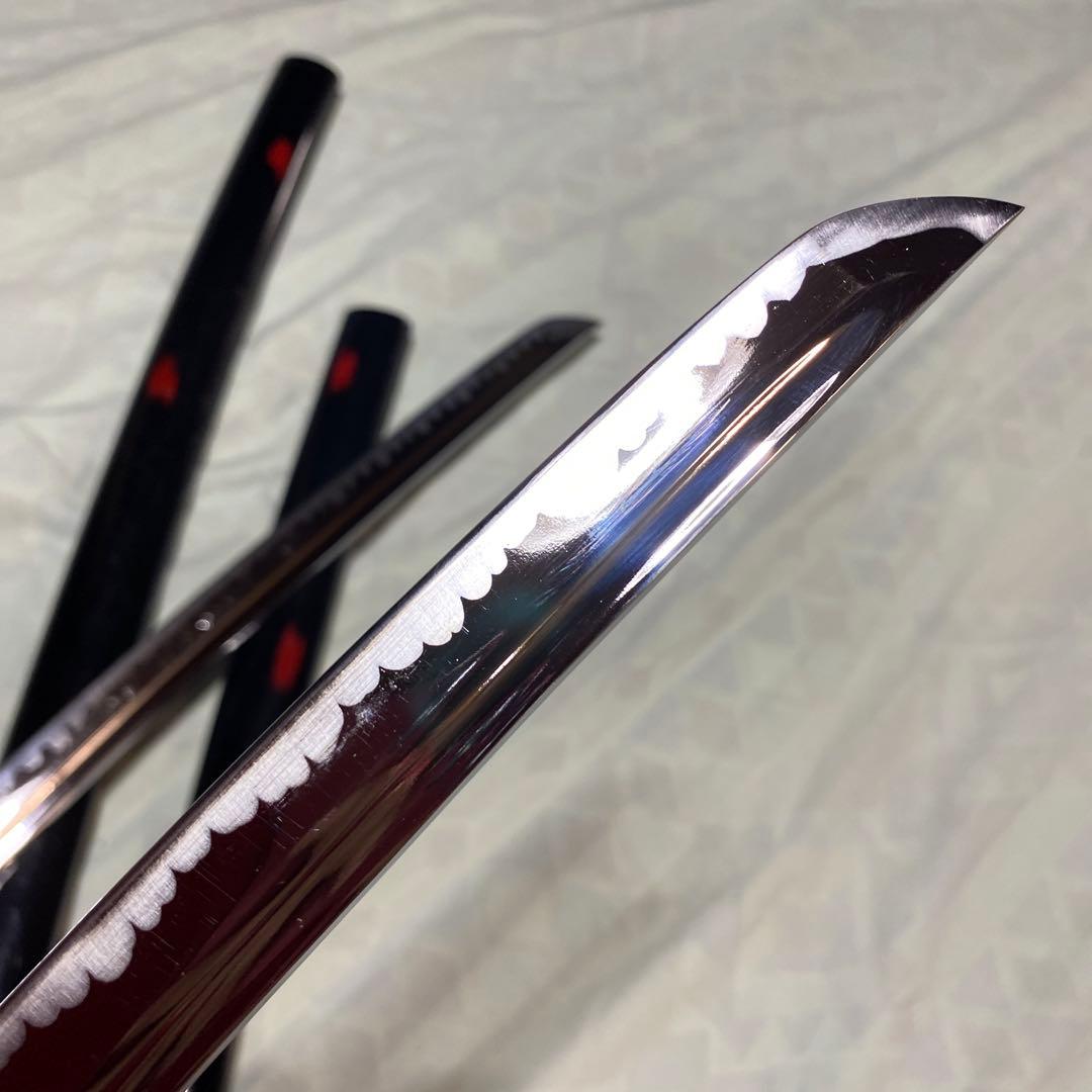 居合刀大小２本セット 濃緑柄 十字透し丸鍔 炎図黒呂鞘