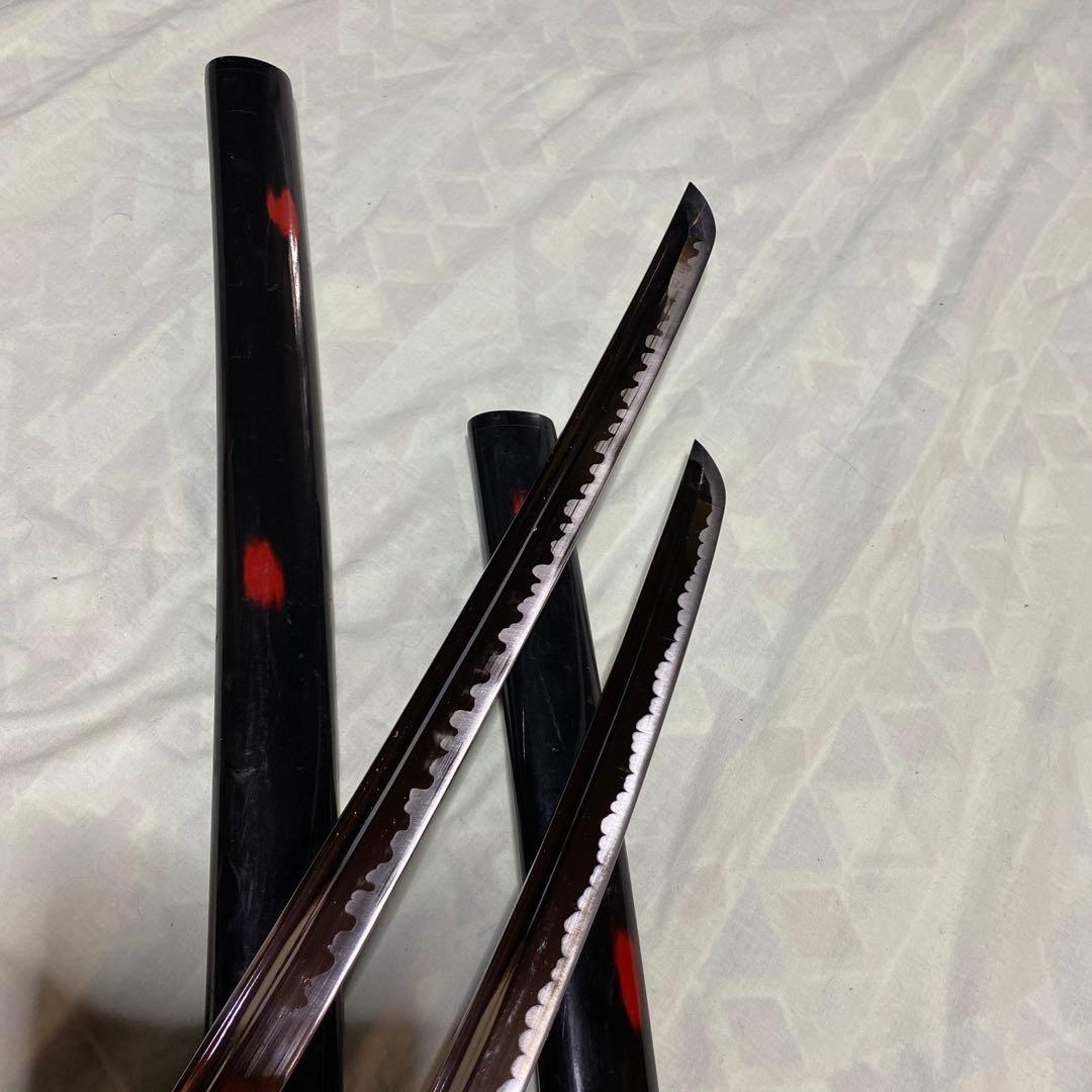 居合刀大小２本セット 濃緑柄 十字透し丸鍔 炎図黒呂鞘