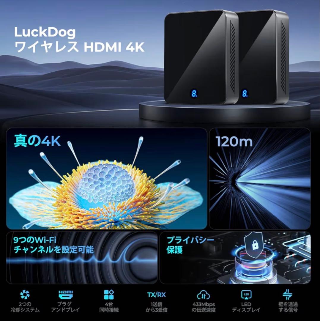 ワイヤレスHDMI 4K 120m 送信機と受信機 hdmi 無線4K 黒