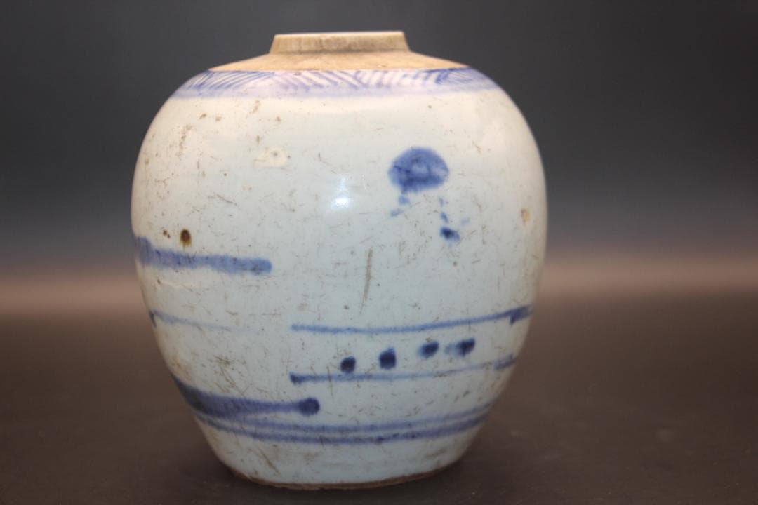 【海】古染付　清中期　人物山水絵小壺　本物保証！　骨董品 時代品 美術品