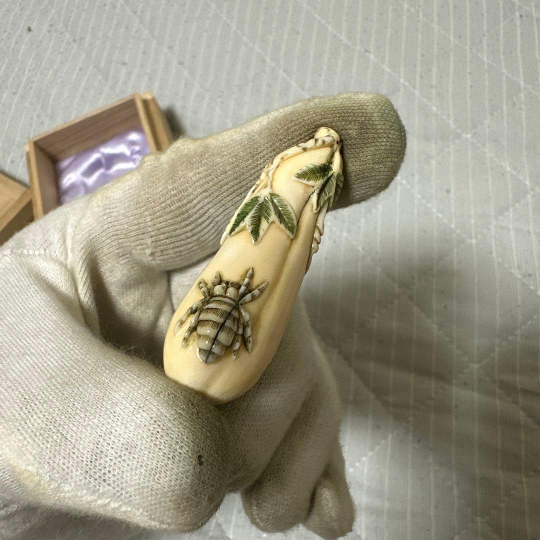 天然材質　根付け　唐子　寿老人　瓜虫　細密彫りまとめ三点　箱付き