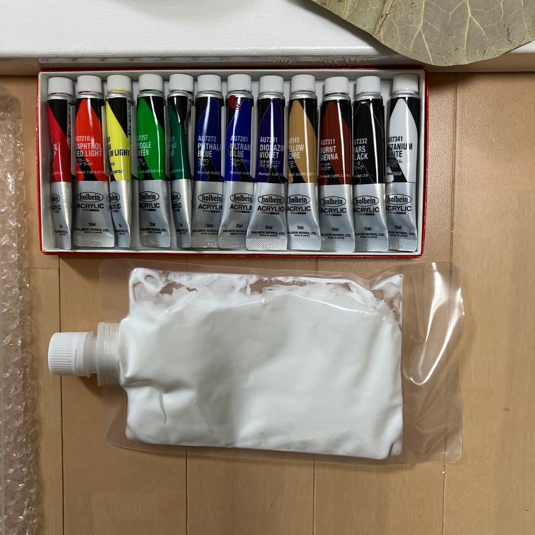 値下ボタニーペインティング制作セット（キャンバス・絵具・蓮の葉8枚）
