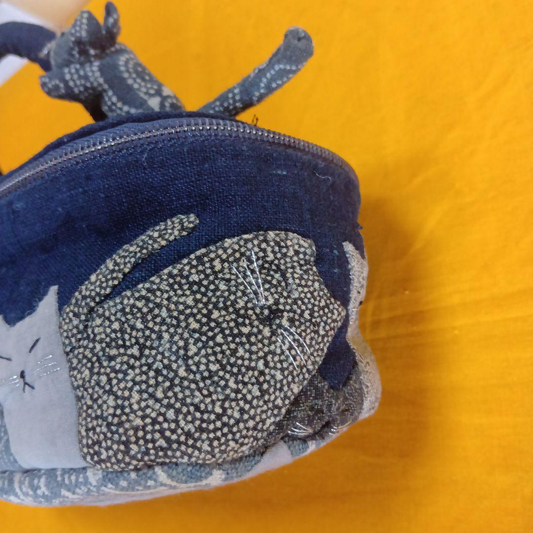 古布　木綿　型染め　可愛い猫とネズミの手づくりポーチ