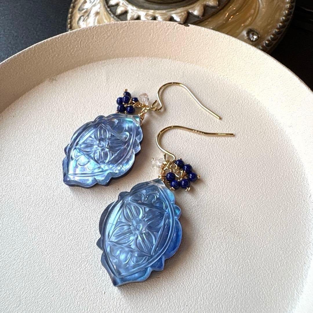 《1点限定》ラピスラズリ&MOPマーキスフラワーカービング＊ピアスorイヤリング