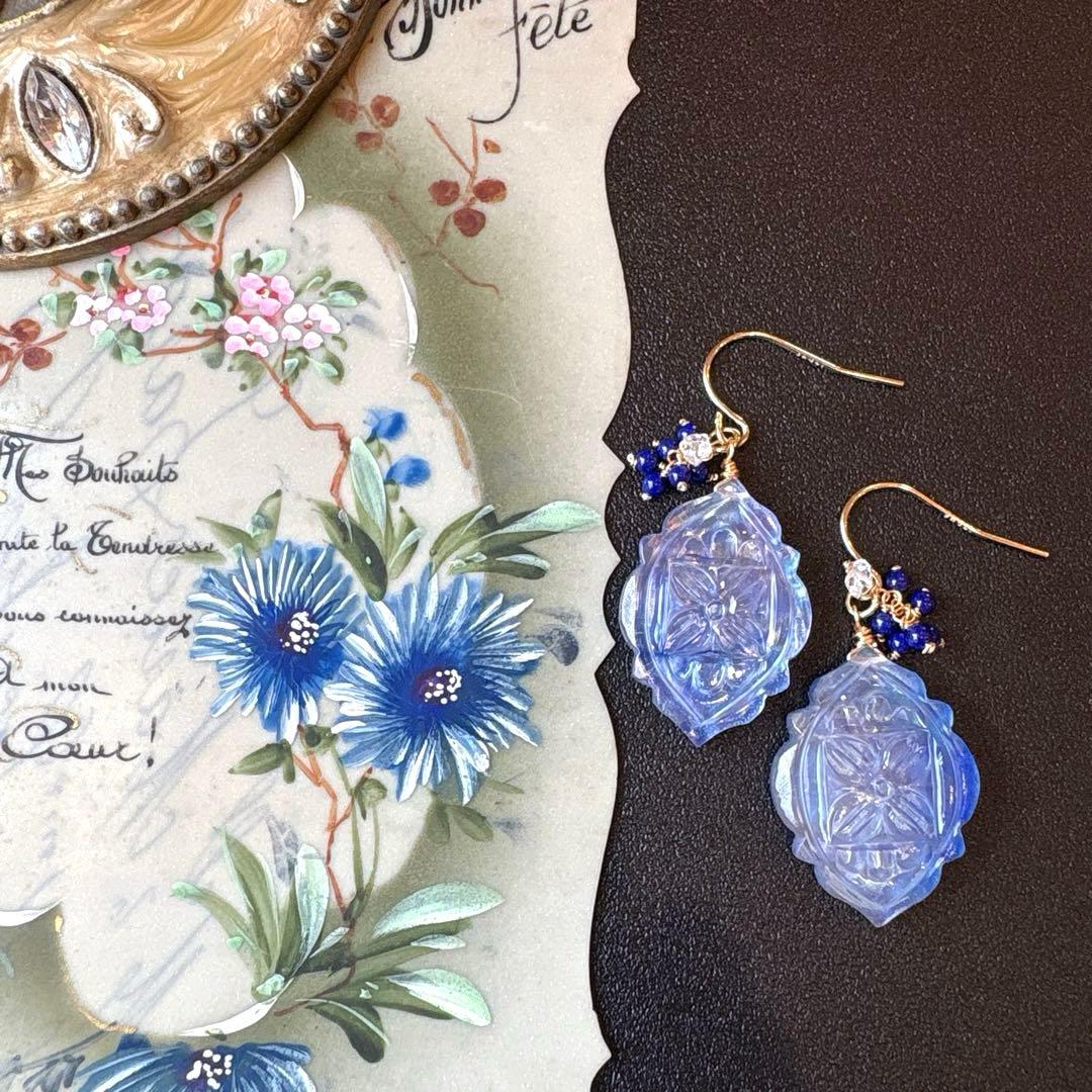 《1点限定》ラピスラズリ&MOPマーキスフラワーカービング＊ピアスorイヤリング
