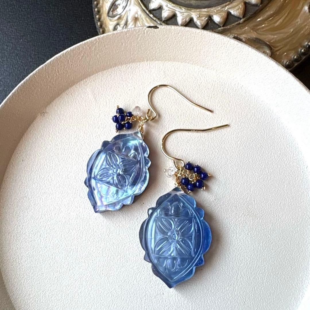 《1点限定》ラピスラズリ&MOPマーキスフラワーカービング＊ピアスorイヤリング