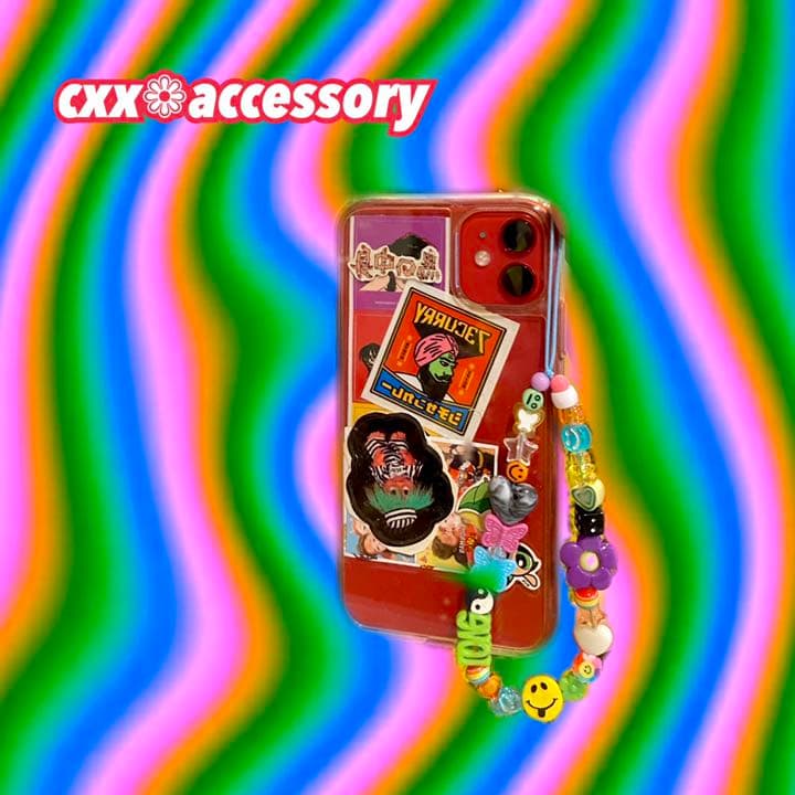 【s-38】ビーズストラップ スマホ❁ニコちゃん カラフル 個性的 古着 韓国