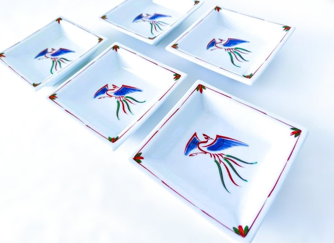 源右衛門 呉須赤絵鳳凰紋角皿（5枚組）