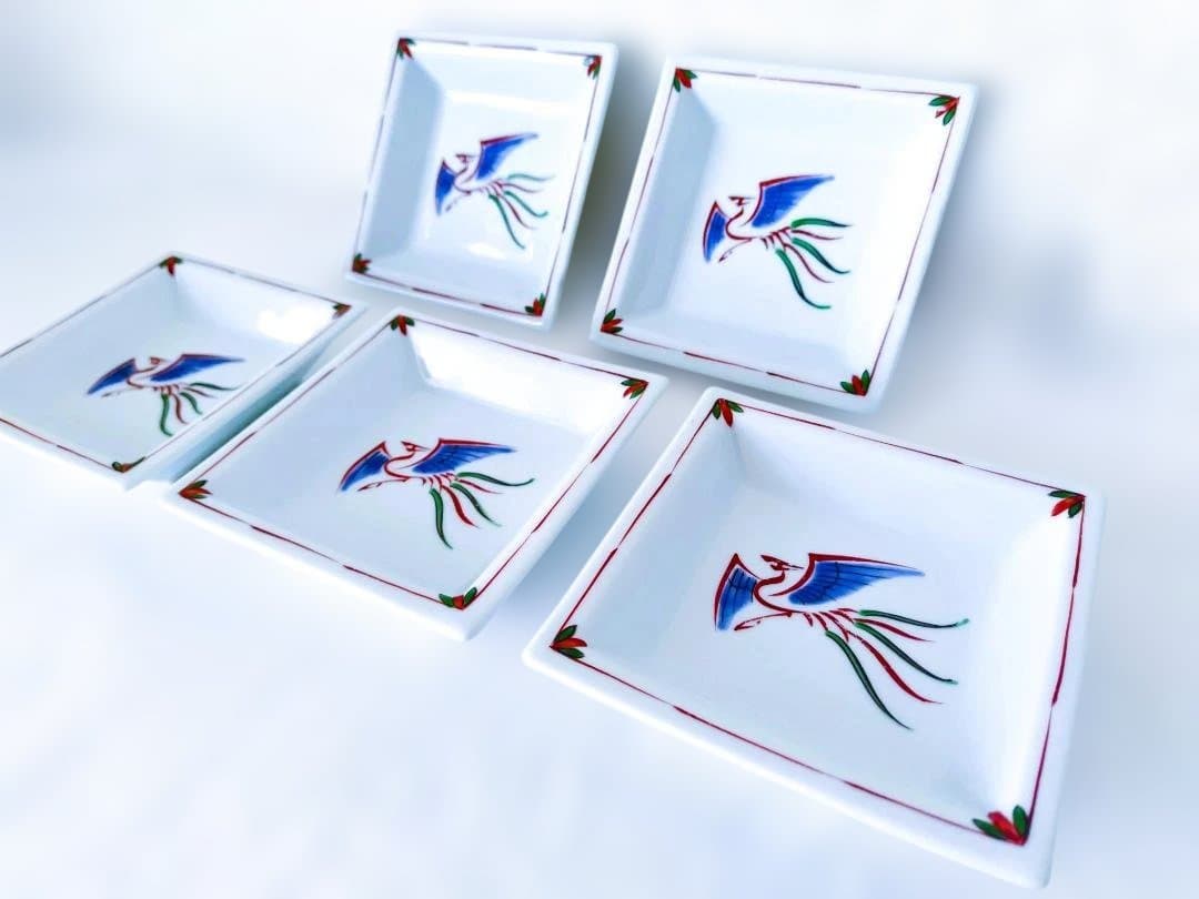 源右衛門 呉須赤絵鳳凰紋角皿（5枚組）