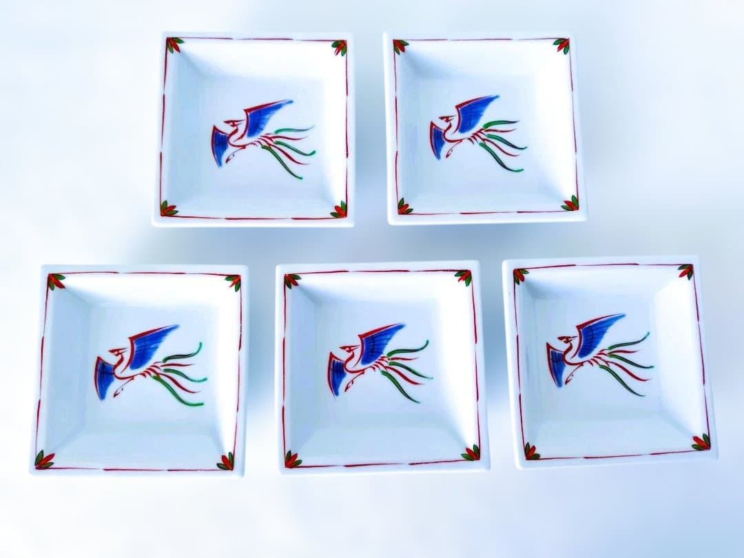 源右衛門 呉須赤絵鳳凰紋角皿（5枚組）