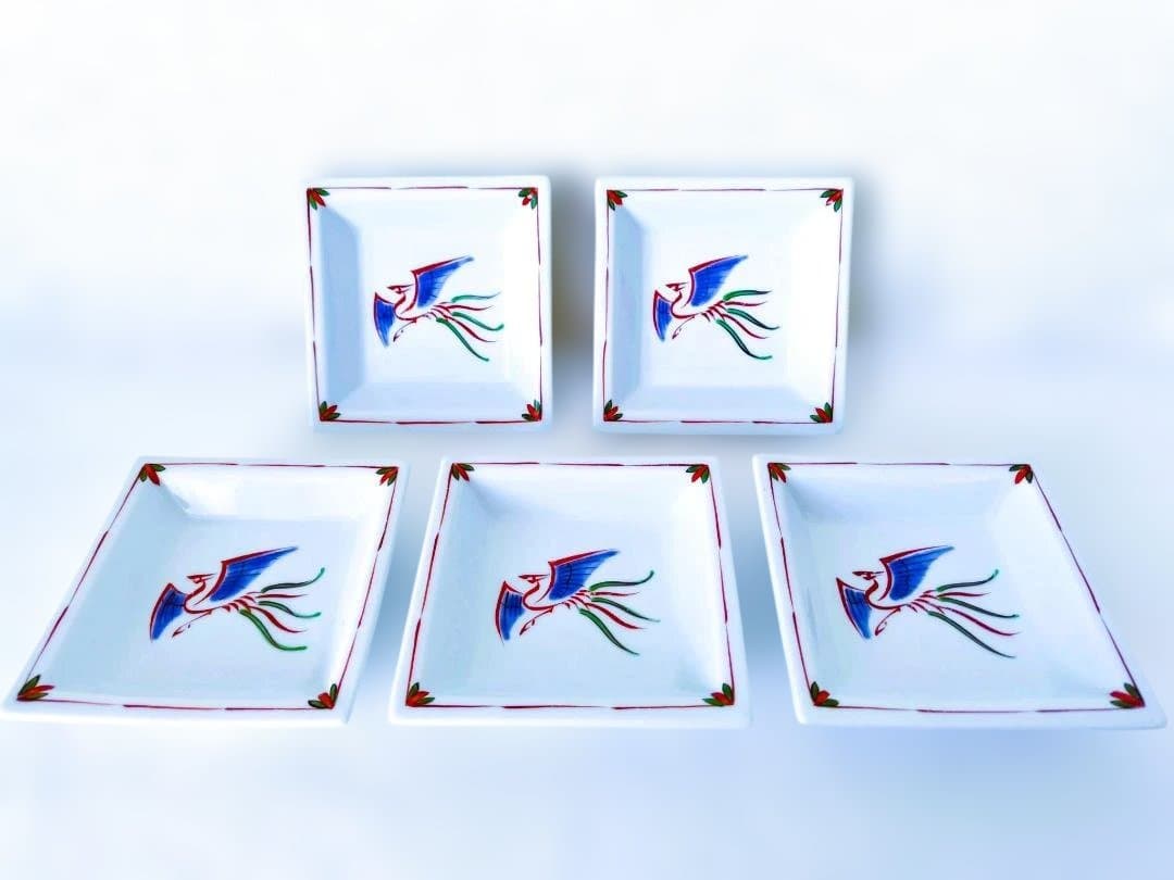 源右衛門 呉須赤絵鳳凰紋角皿（5枚組）