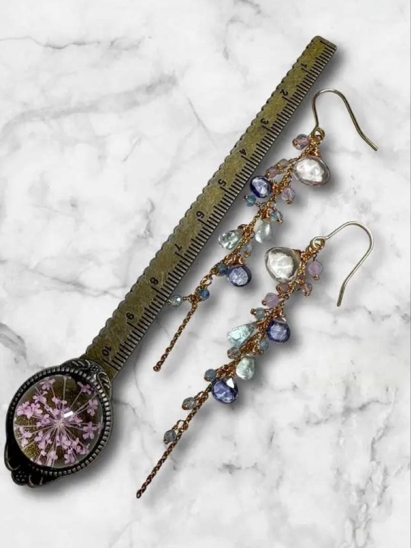 【天然石】青み系華やかなロング✴︎ピアス⭐︎NO.335