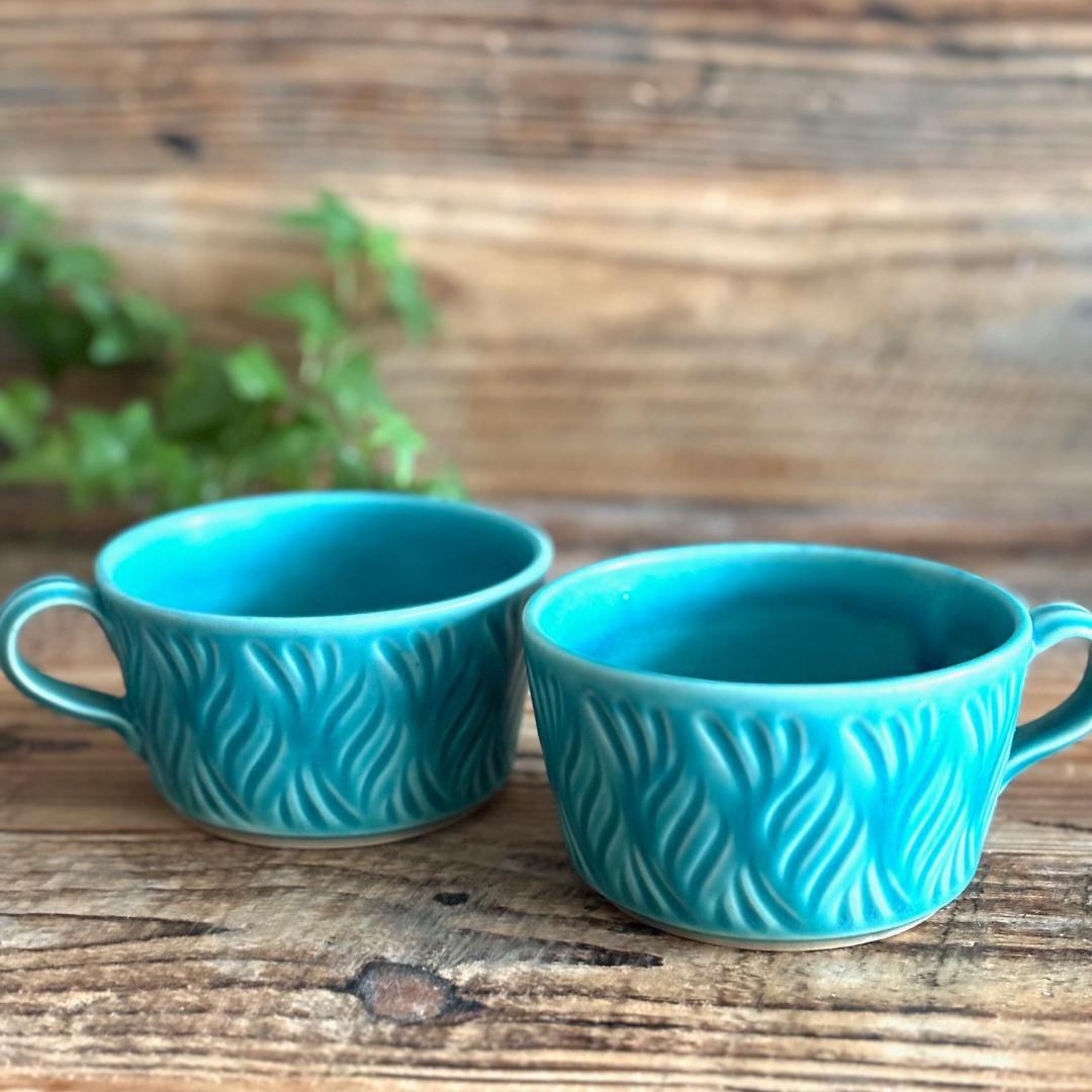 しのぎスープカップ スープボウル ターコイズ 2個セット 益子焼