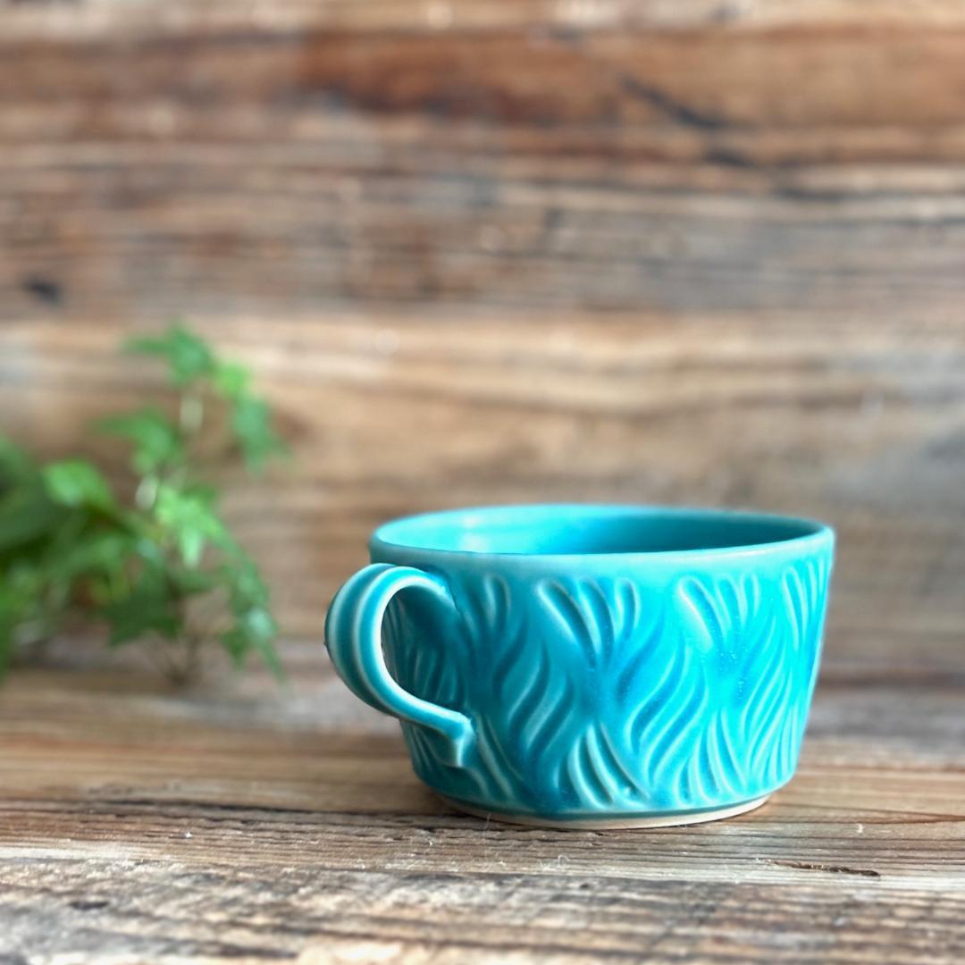 しのぎスープカップ スープボウル ターコイズ 2個セット 益子焼