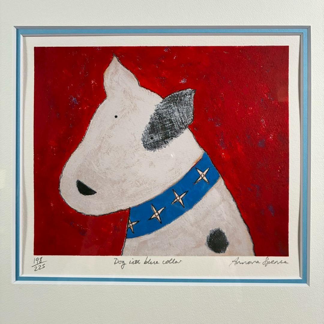 美品 アノラ・スペンス「青の首輪」シルクスクリーン 直筆サイン入り 犬 額縁入