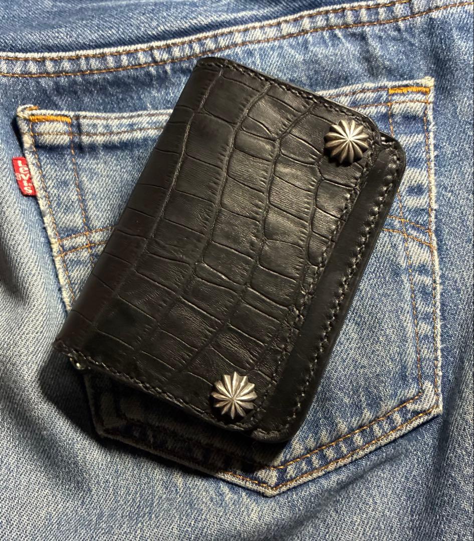 トラッカーウォレット　ショート　クロコ型押し　シルバー925アポロ