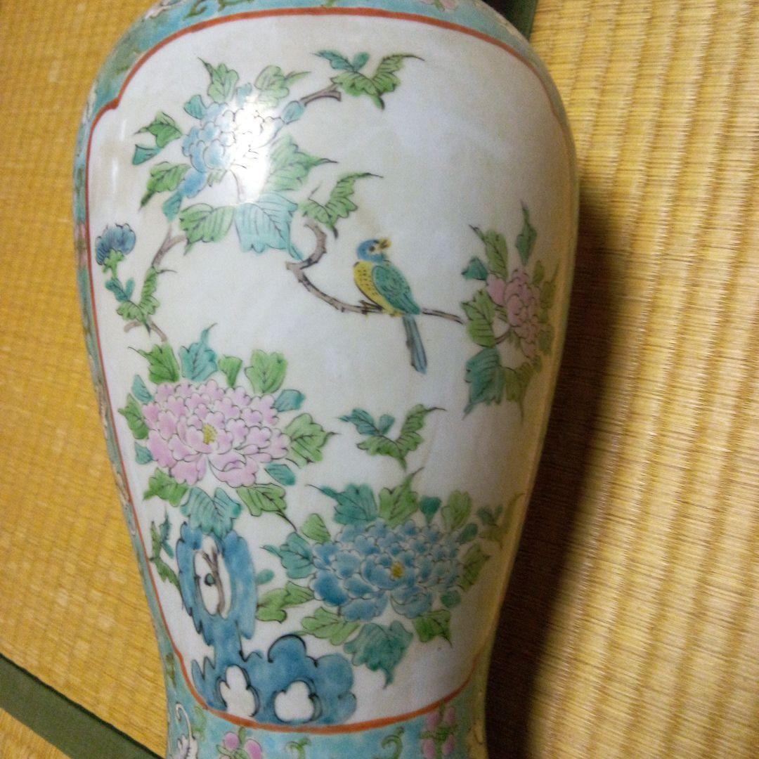 青と緑の花模様 陶器花瓶 約46cm