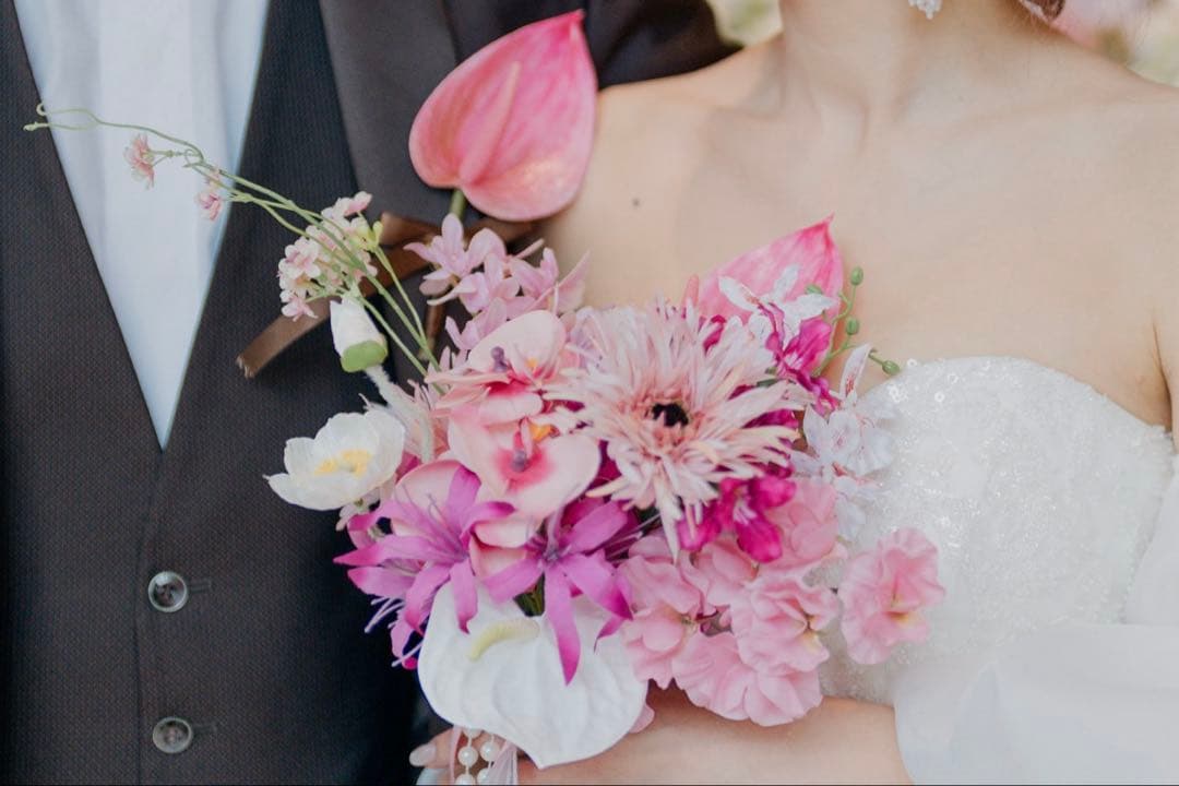 アーティシャルフラワーブーケ　ブートニアセット　ピンク系