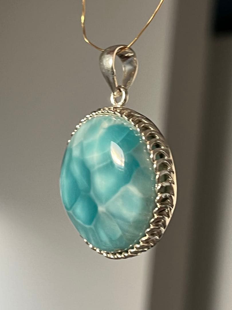 天然石☆高品質！ラリマーまる型ペンダントップ☆ワク付き☆濃いブルー＆模様美しい